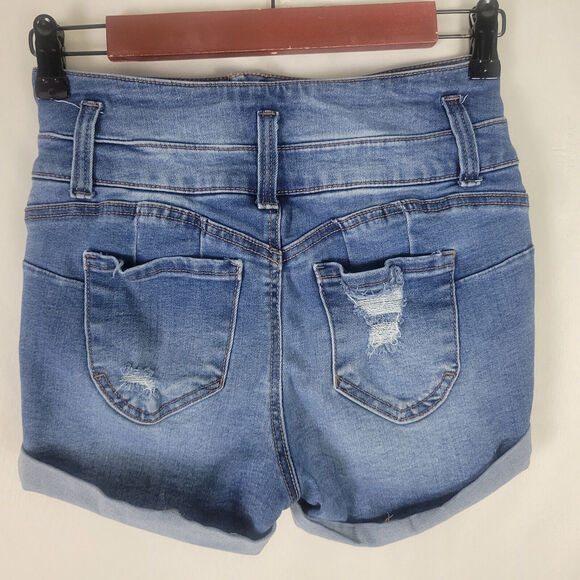 Ibiza Denim Shorts Junior 3 Blue Jean High Rise Push Up Triple Button Distressed - Picture 2 of 14